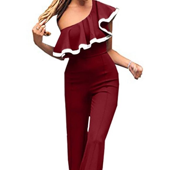 NWT One Shoulder Ruffle Bell Bottom 70s Jumpsuit. - Picture 3 of 7